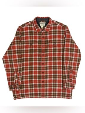 LL Bean orange brown plaid traditional fit fleece lined flannel shirt mens large